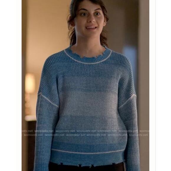 Pistola Eva Cropped Crewneck Pullover Sweater Stripe Distressed Salted Blue, M - Picture 7 of 8